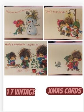 Vintage Kids Christmas Cards Set - Red & Green Holiday Illustrations